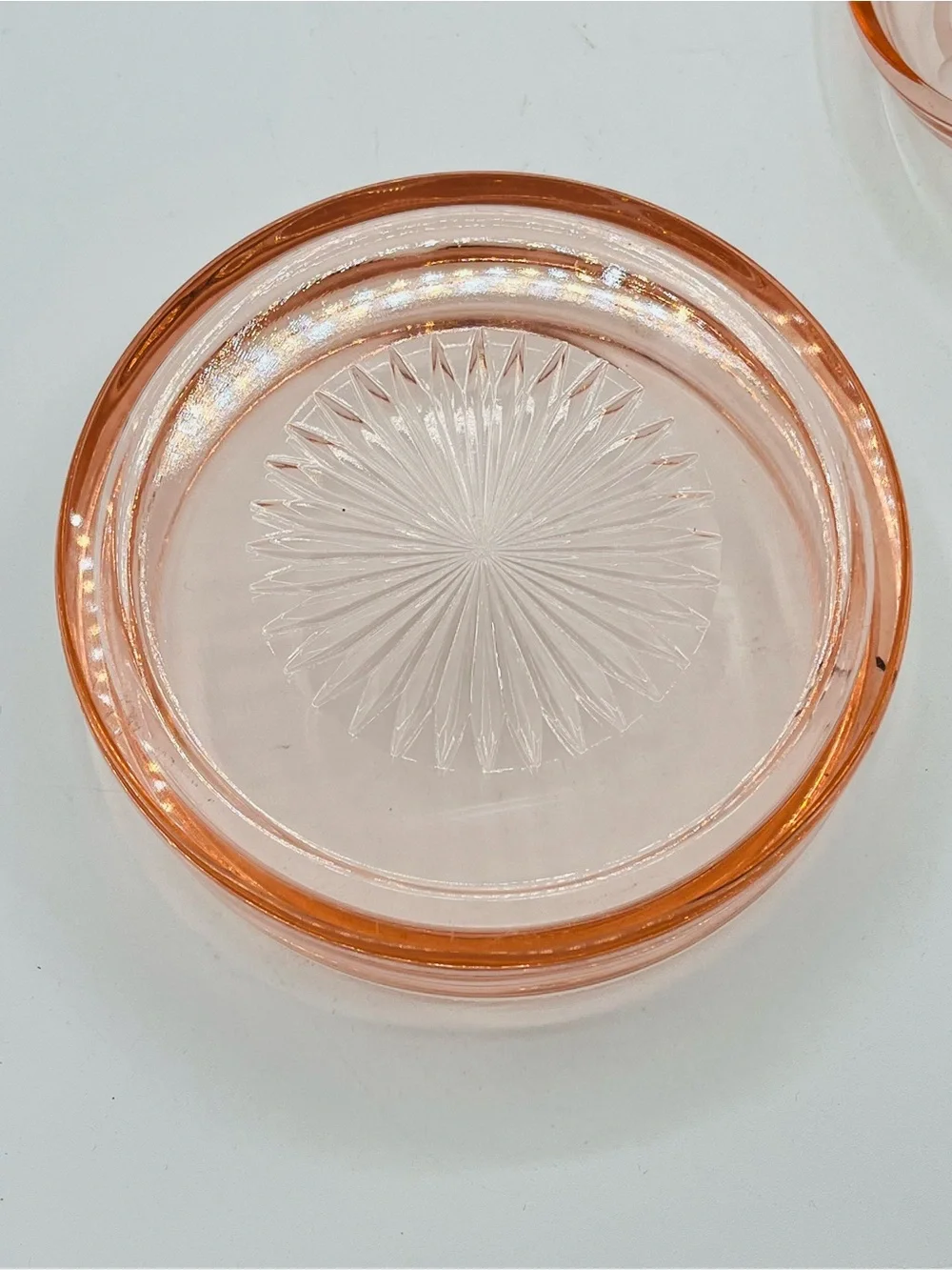 Peach Pink Pressed Glass Covered Trinket Dish